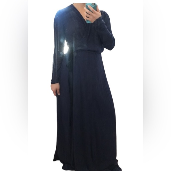 Zara Long sleeve knit wrap dress navy with black trim/tie waist maxi size small - Picture 2 of 7